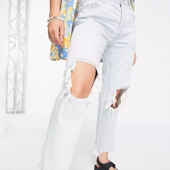 We the free free people distressed semi crop raw hem high rise button fly jeans - Picture 7 of 13